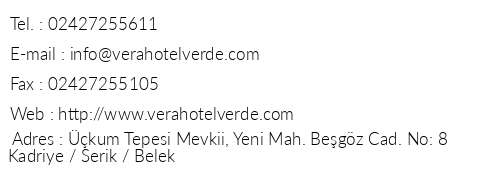 Vera Verde Resort Belek telefon numaralar, faks, e-mail, posta adresi ve iletiim bilgileri